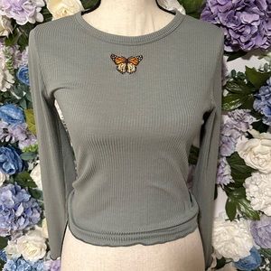 Green Long Sleeve Ribbed Embroidered Butterfly Top